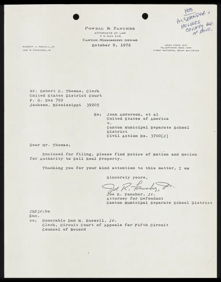 Correspondence from Fancher to Clerk preview