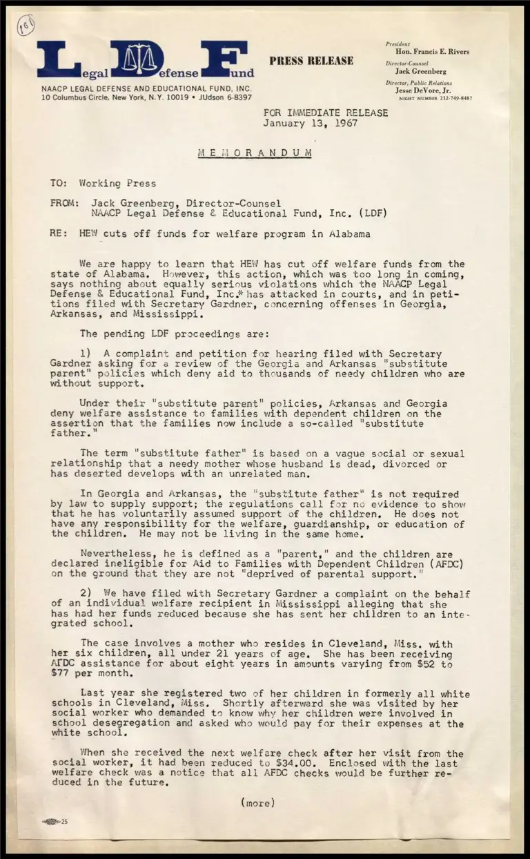 Memorandum re: HEW Cuts Off Funds for Welfare Program in Alabama preview