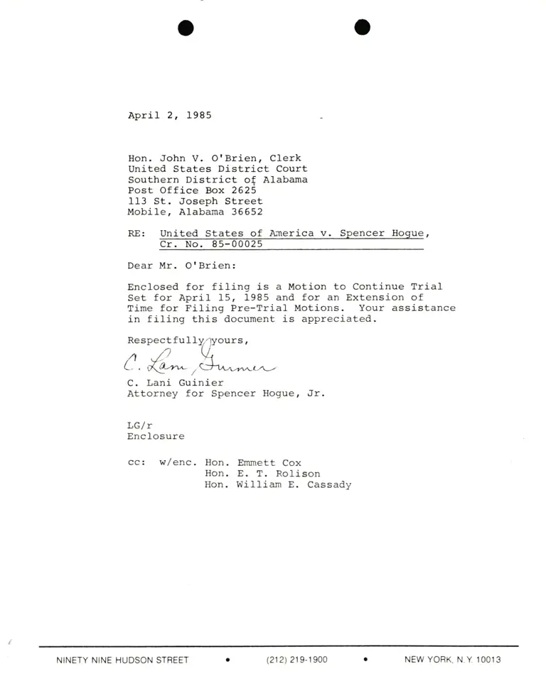 Correspondence from Lani Guinier to John V. O'Brien (Clerk) Re: United States v. Hogue preview