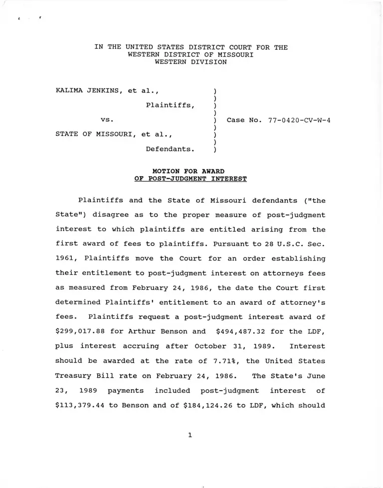 Jenkins v. Missouri Motion for Award of Post-Judgement Interest preview