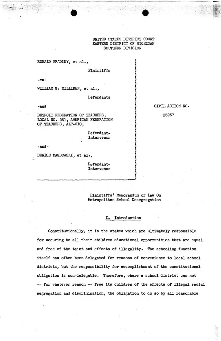 Plaintiffs' Memorandum of Law on Metropolitan School Desegregation preview