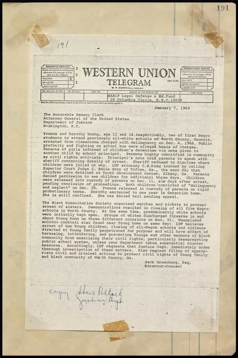 Telegram to Ramsey Clark Asking Investigation of the Case of 2 Negro Students in All White School in Worth County, Georgia Who Were Arrested preview