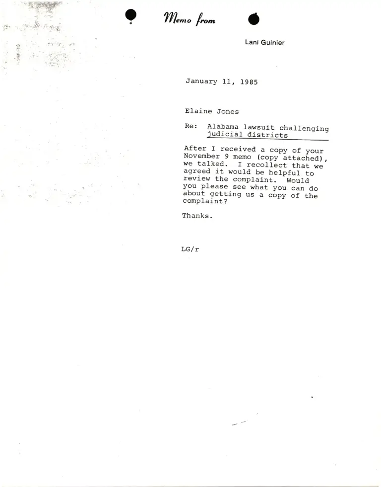 Memorandum from Lani Guinier to Elaine Jones Re Alabama Lawsuit Challenging Judicial Districts preview