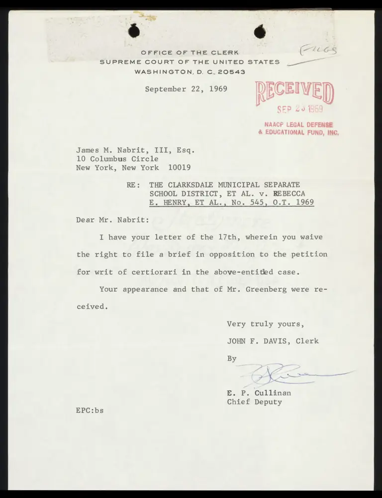 Correspondence from Cullinan to Nabrit Re: Brief in Opposition preview