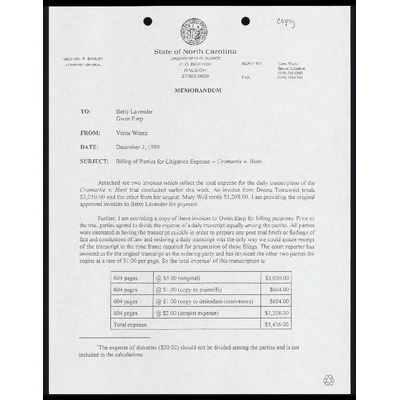 Letter to Lavender from Wentz RE: Billing of parties for Litigation Expense preview