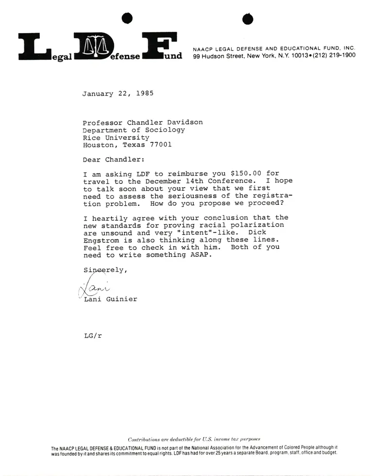 Correspondence from Lani Guinier to Prof. Chandler Davidson (Rice University) preview