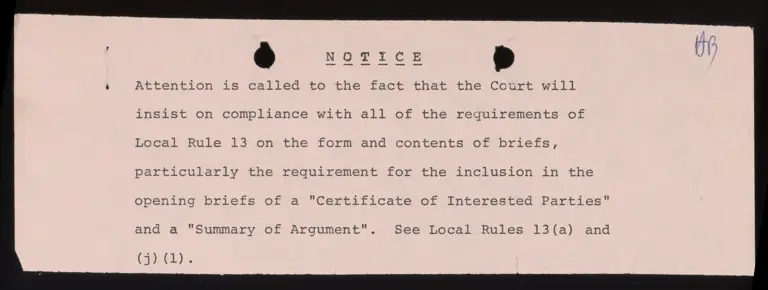 Notice to Counsel of Record RE: Time for Filing Briefs preview