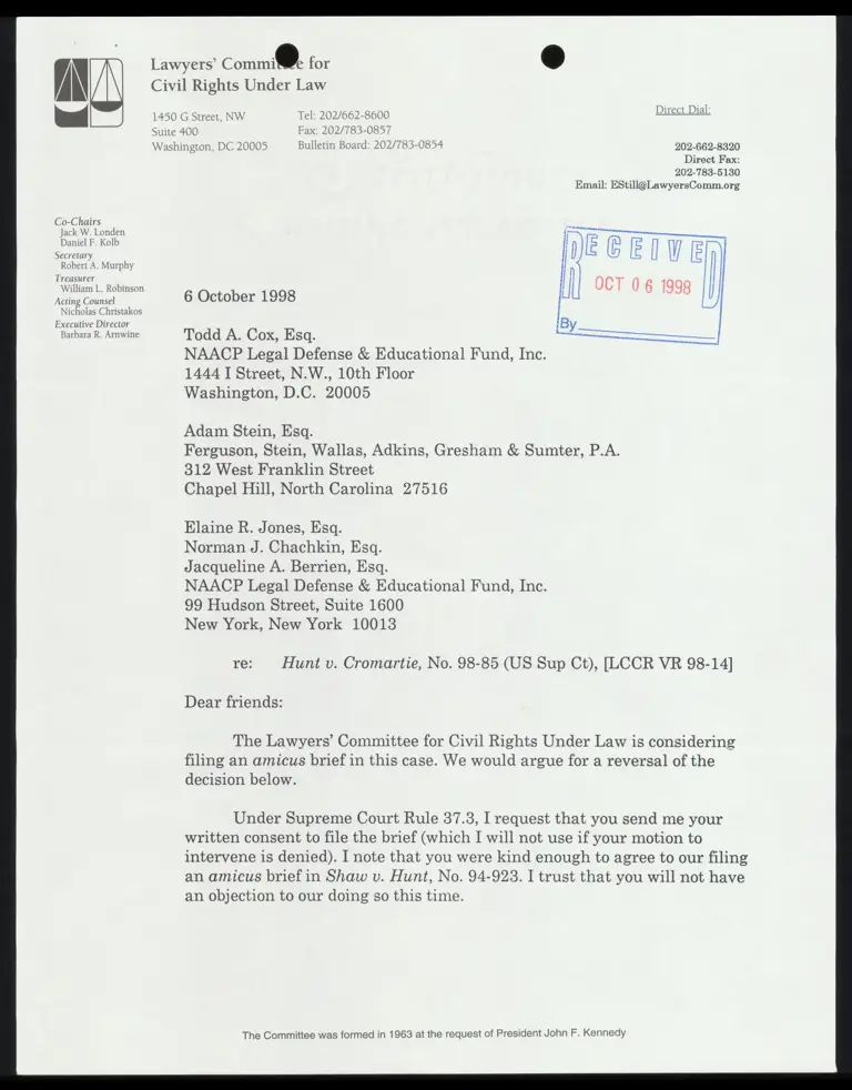 Letter From Still RE: The Lawyers’ Committee for Civil Rights Under Law’s Considering Filing An Amicus Brief preview