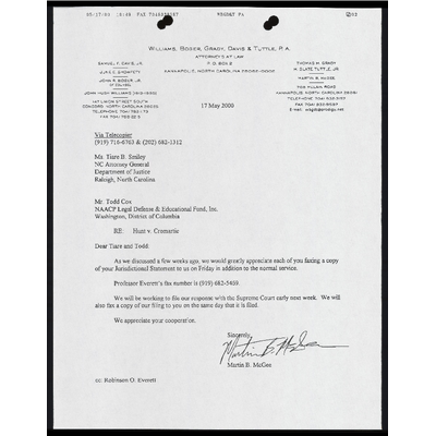 Letter to Smiley & Cox from McGee RE: Jurisdictional Statement Fax preview