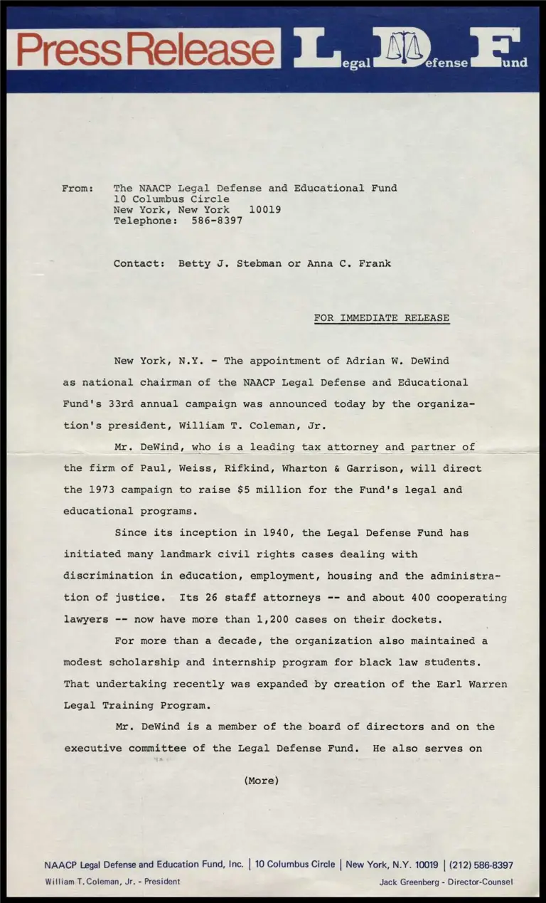 The appointment of Adrian W. DeWind as national chairman of the NAACP Legal Defense and Educational Fund's… preview