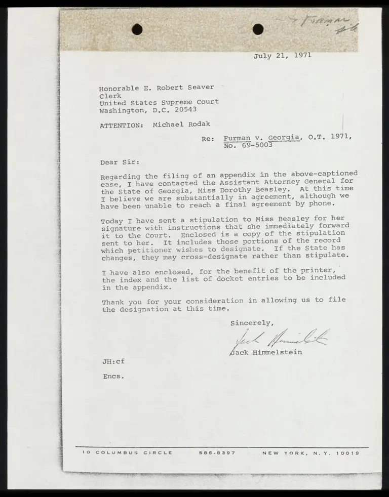 Correspondence from Himmelstein to Clerk Re Filing Appendix preview