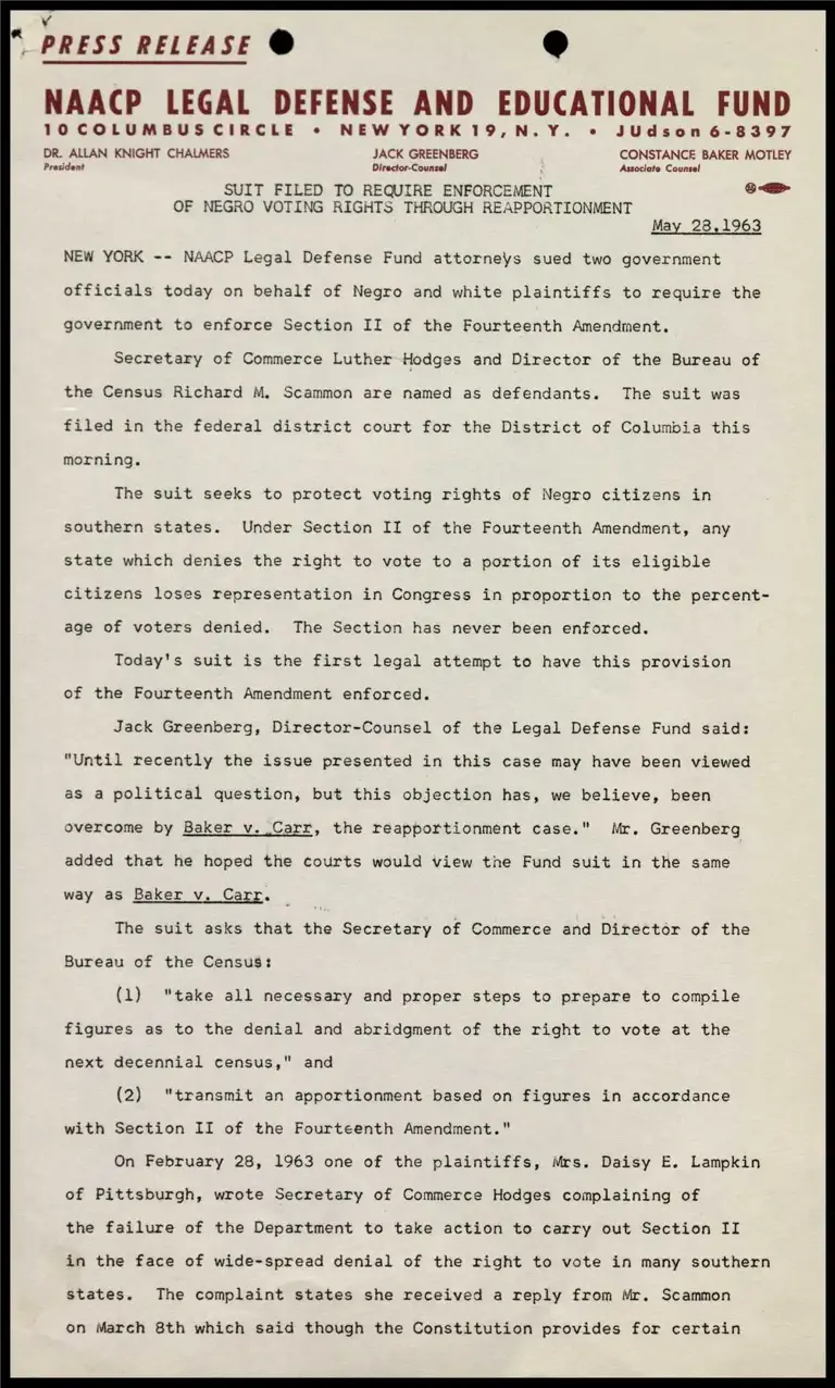 Suit Filed to Require Enforcement of Negro Voting Rights through Reapportionment preview