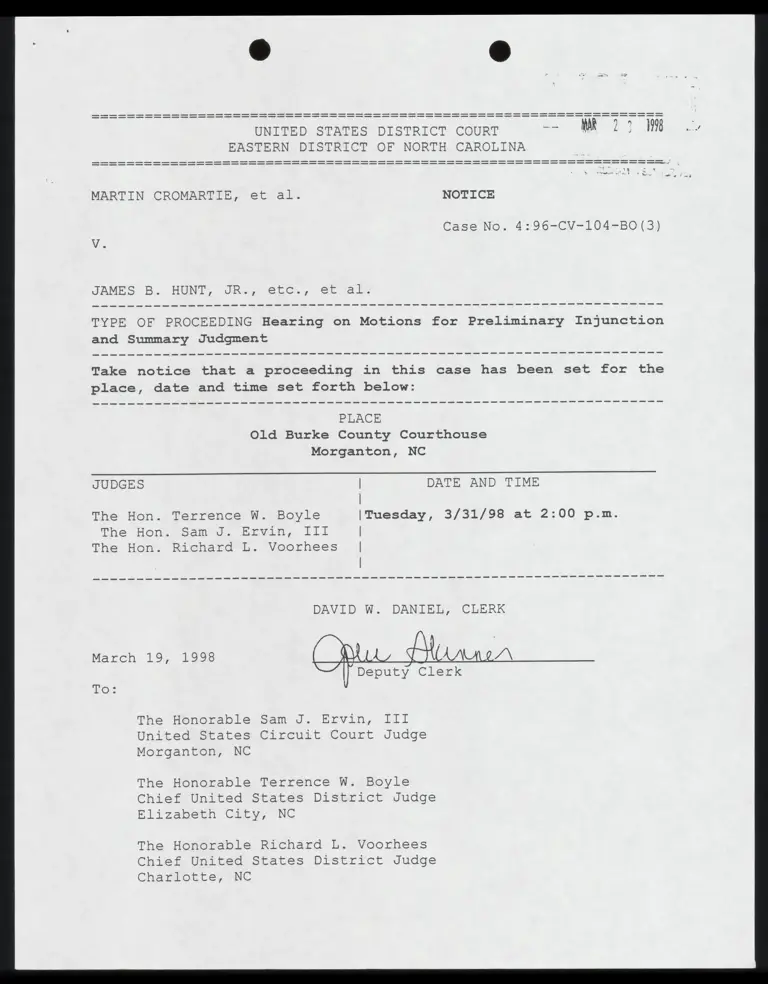 Notice for Proceeding - Hearing on Motions for Preliminary Injunction and Summary Judgment preview