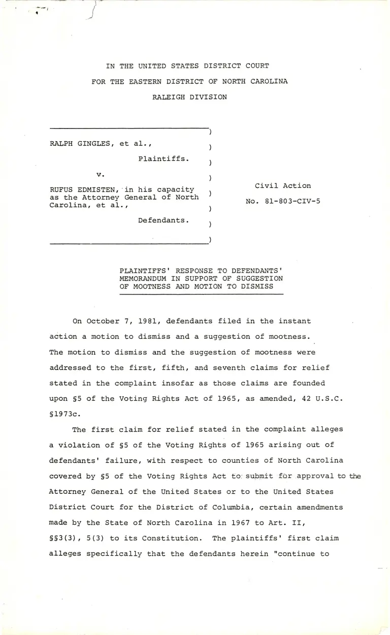 Plaintiffs' Response to Defendants' Memorandum in Support of Suggestion of Mootness and Motion to Dismiss preview