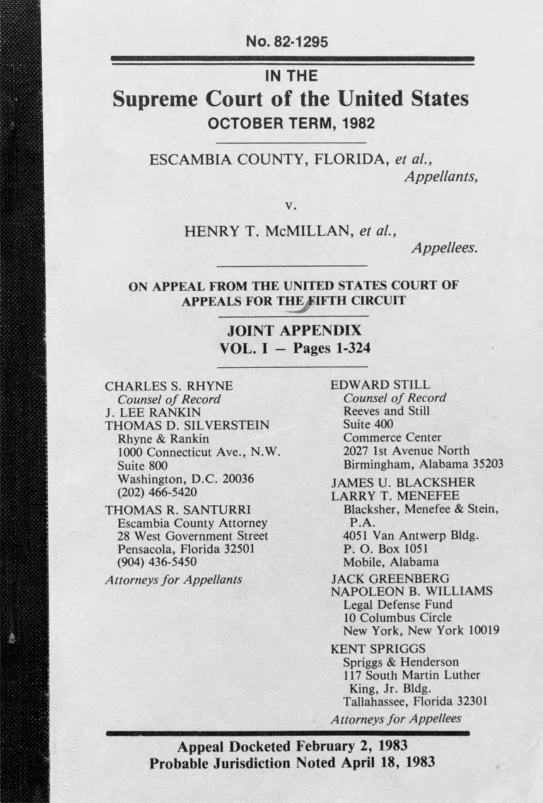 Escambia County, FL v. McMillan Joint Appendix Vol. I preview