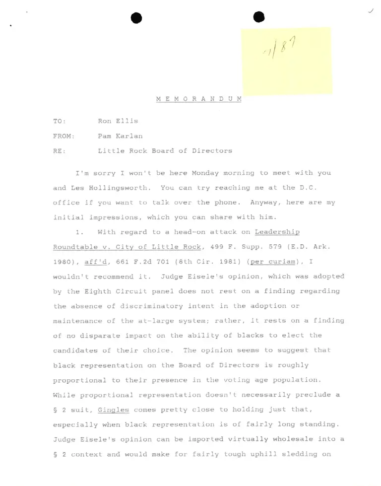 Memorandum from Pamela Karlan to Ron Ellis Re Little Rock Board of Directors preview