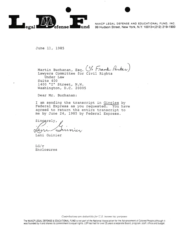 Correspondence from Lani Guinier to Martin Buchanan, Esq. Re Gingles v. Thornburg preview