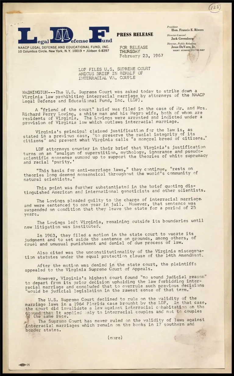 LDF Files U.S. Supreme Court Amicus Brief in Behalf of Interracial Virginia Couple preview