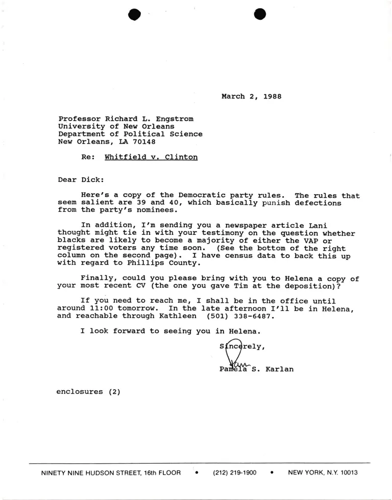 Correspondence from Pamela Karlan to Prof. Richard L. Engstrom Re Whitfield v. Clinton preview