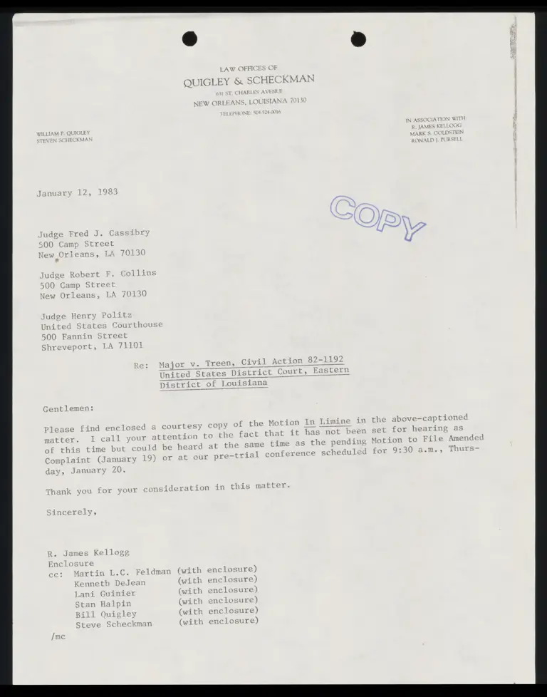 Correspondence from Kellogg to Judges Cassibry, Collins, and Politz preview