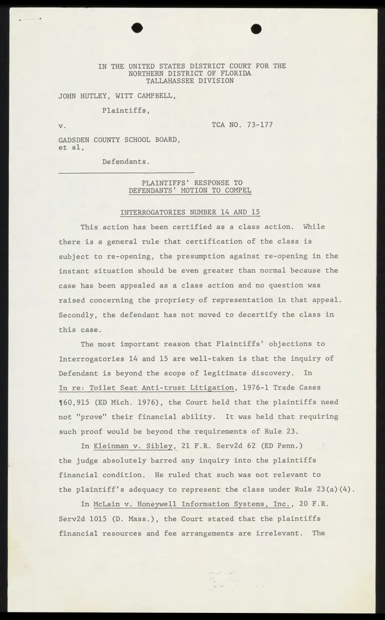 Plaintiffs' Response to Defendants' Motion to Compel preview