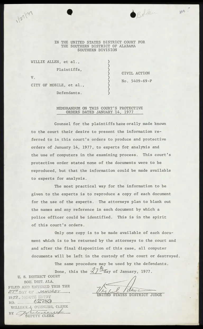 Memorandum On This Court's Protective Orders Dated January 14th 1977 preview