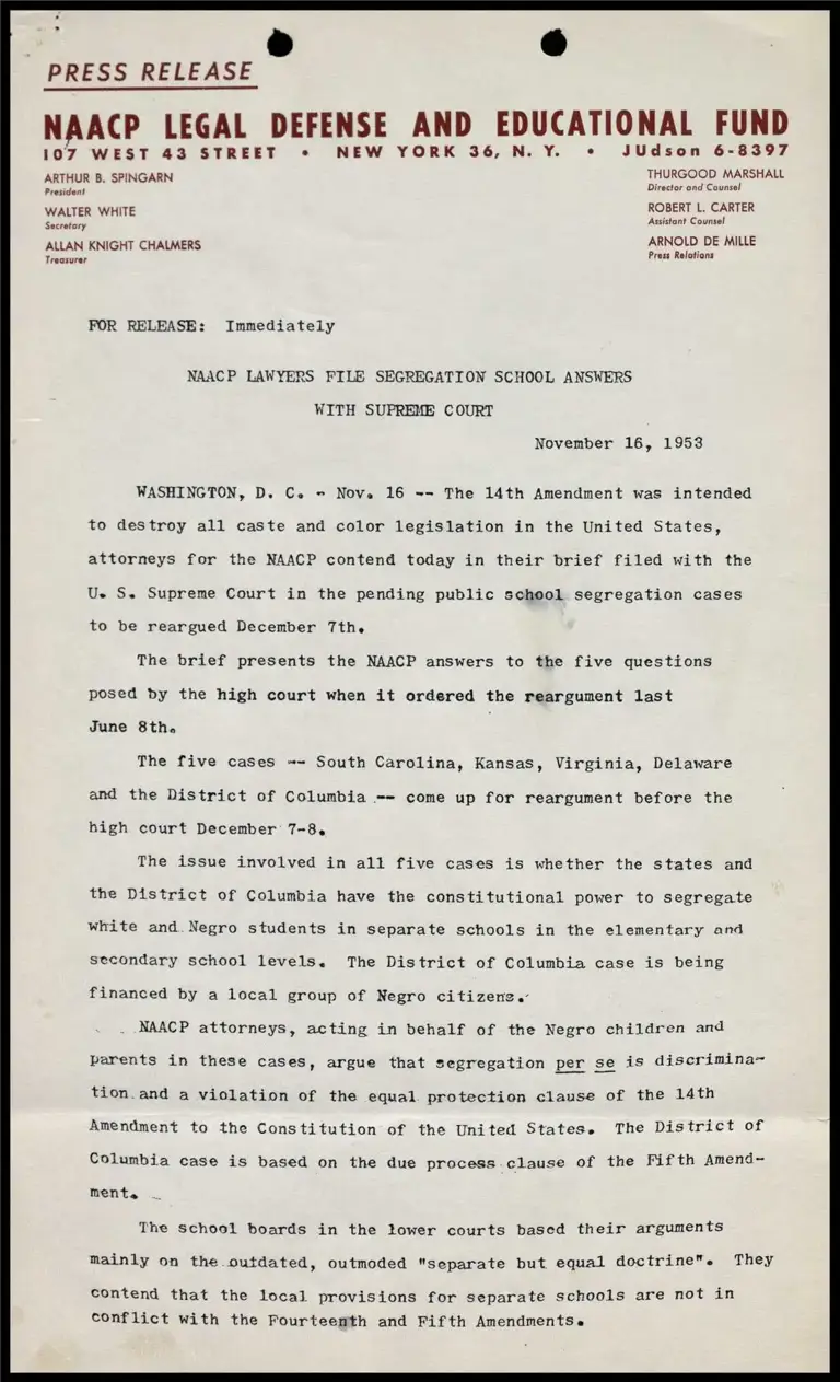 NAACP Lawyers File Segregation School Answers with Supreme Court preview