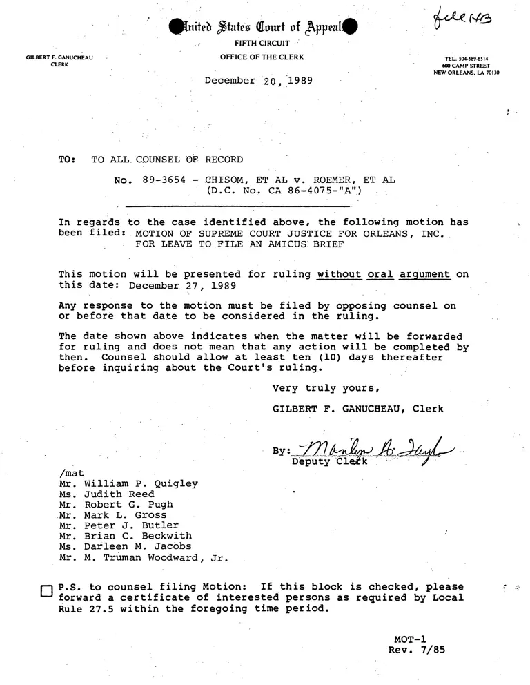 Memorandum from Ganucheau (Clerk) to All Counsel of Record preview
