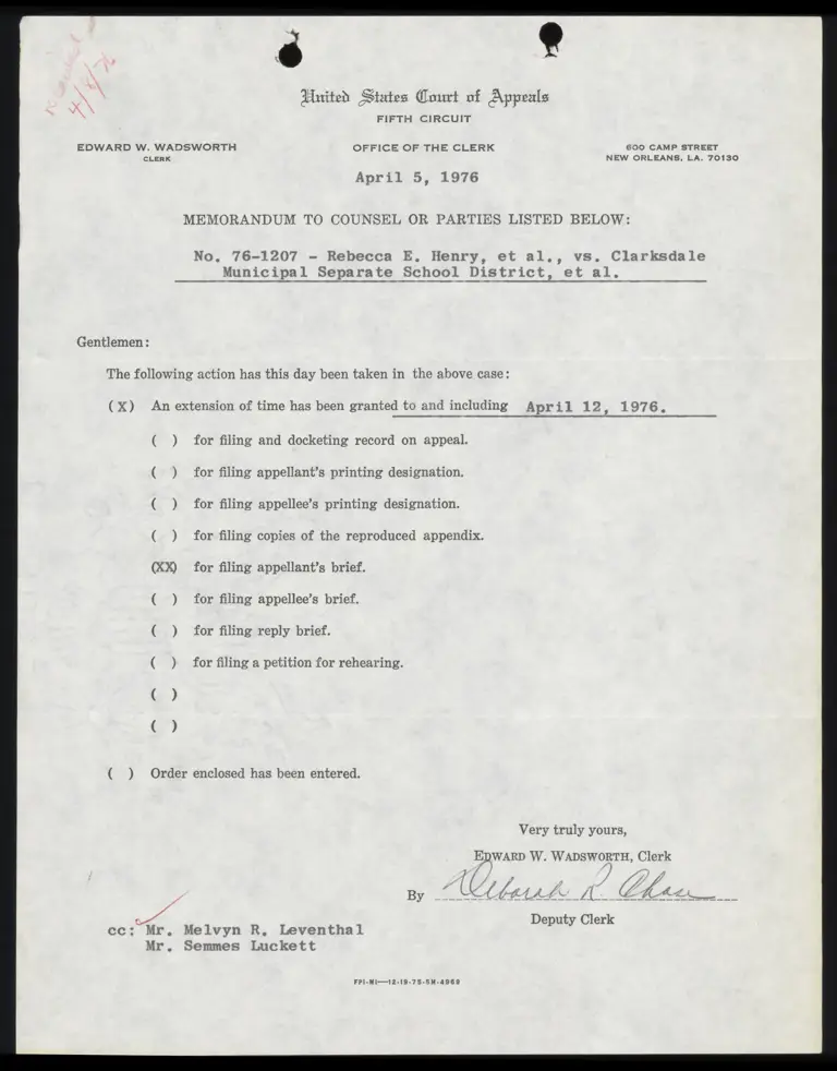 Memo from Clerk to Counsel Re: Extension of Time preview