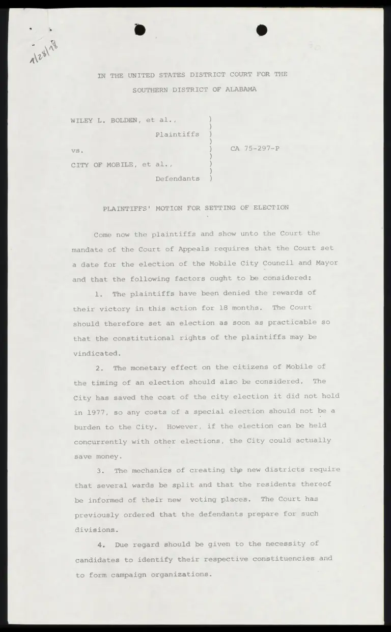 Plaintiffs' Motion for Setting of Election preview