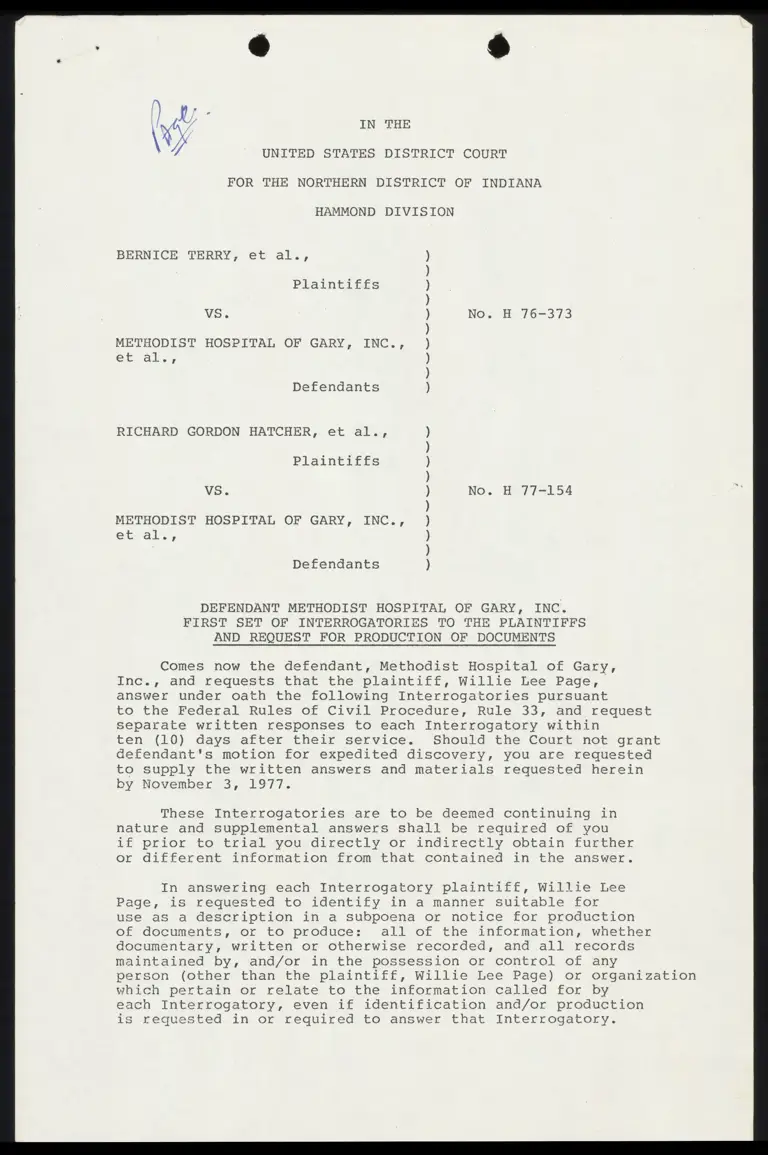 Defendant Methodist Hospital of Gary, Inc. First Set of Interrogatories to the Plaintiffs and Request for Production of Documents Version 1 preview