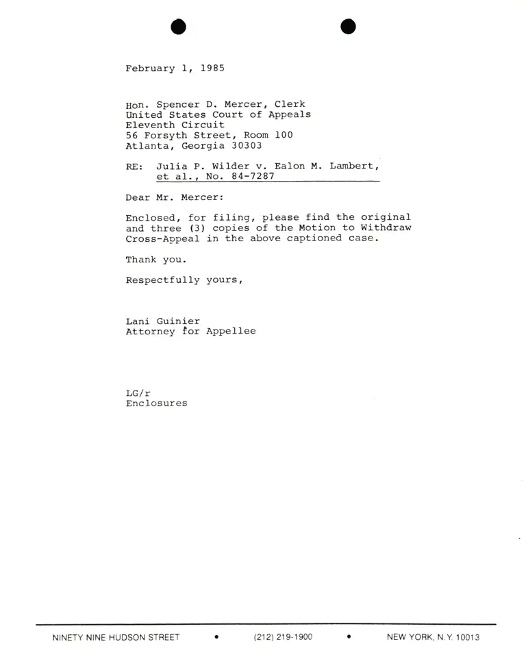 Correspondence from Lani Guinier to Spencer D. Mercer (Clerk) Re: Wilder v. Lambert 1 preview