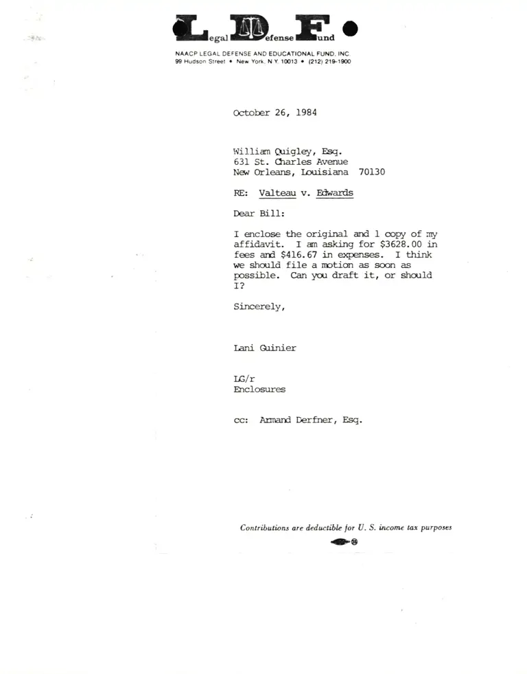 Letter from Lani Guinier to William Quigley RE Valteau v. Edwards preview