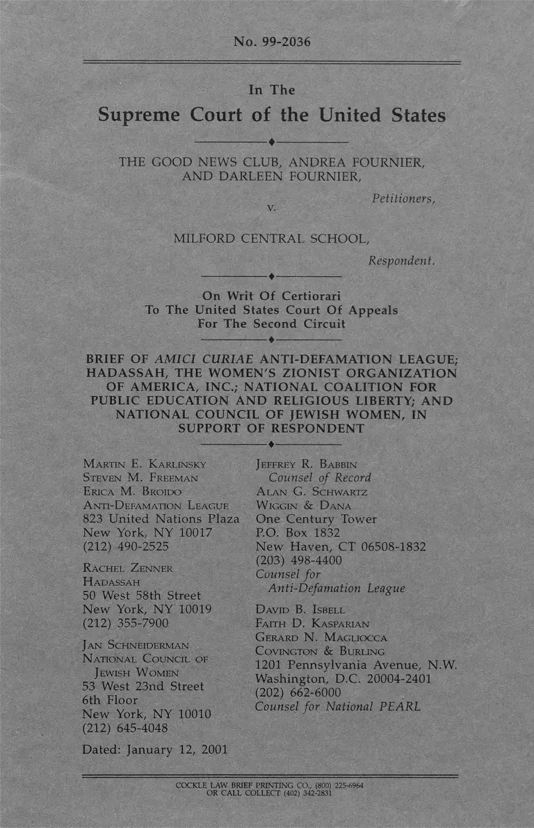 The Good News Club v. Milford Central School Brief of Amici Curiae preview