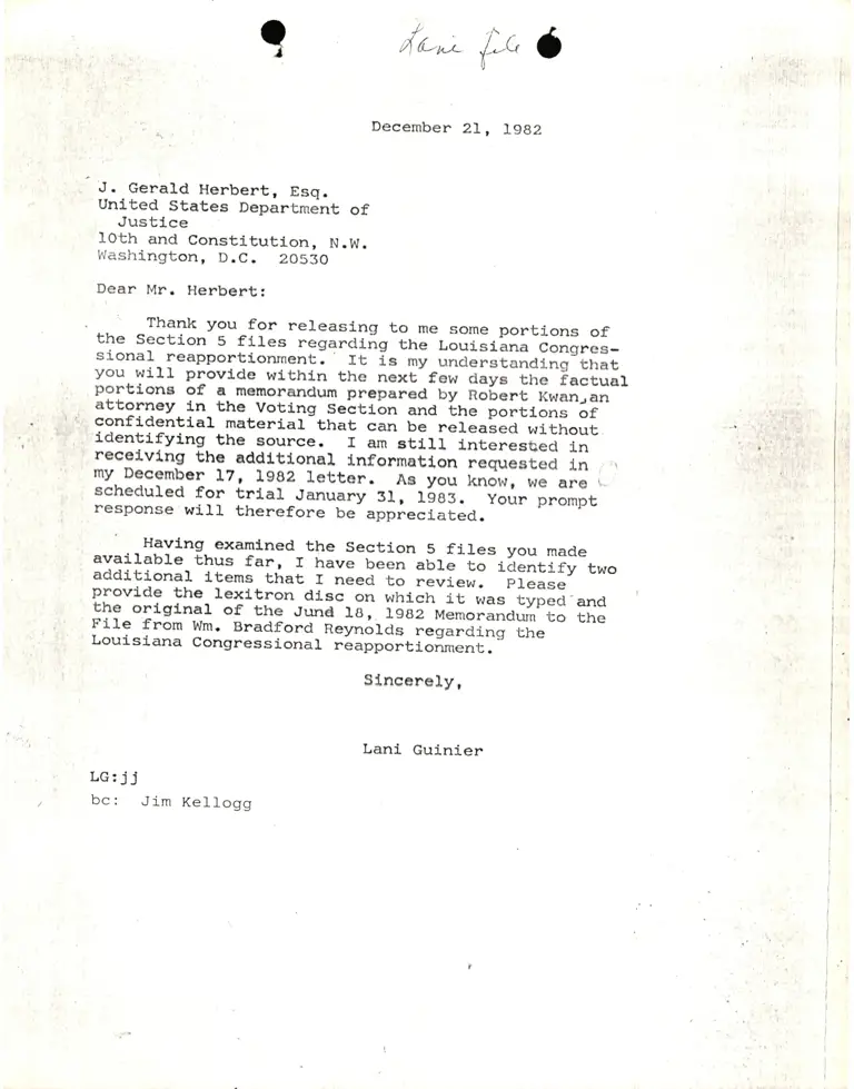 Letter from Lani Guinier to J. Gerald Herbert, DOJ preview