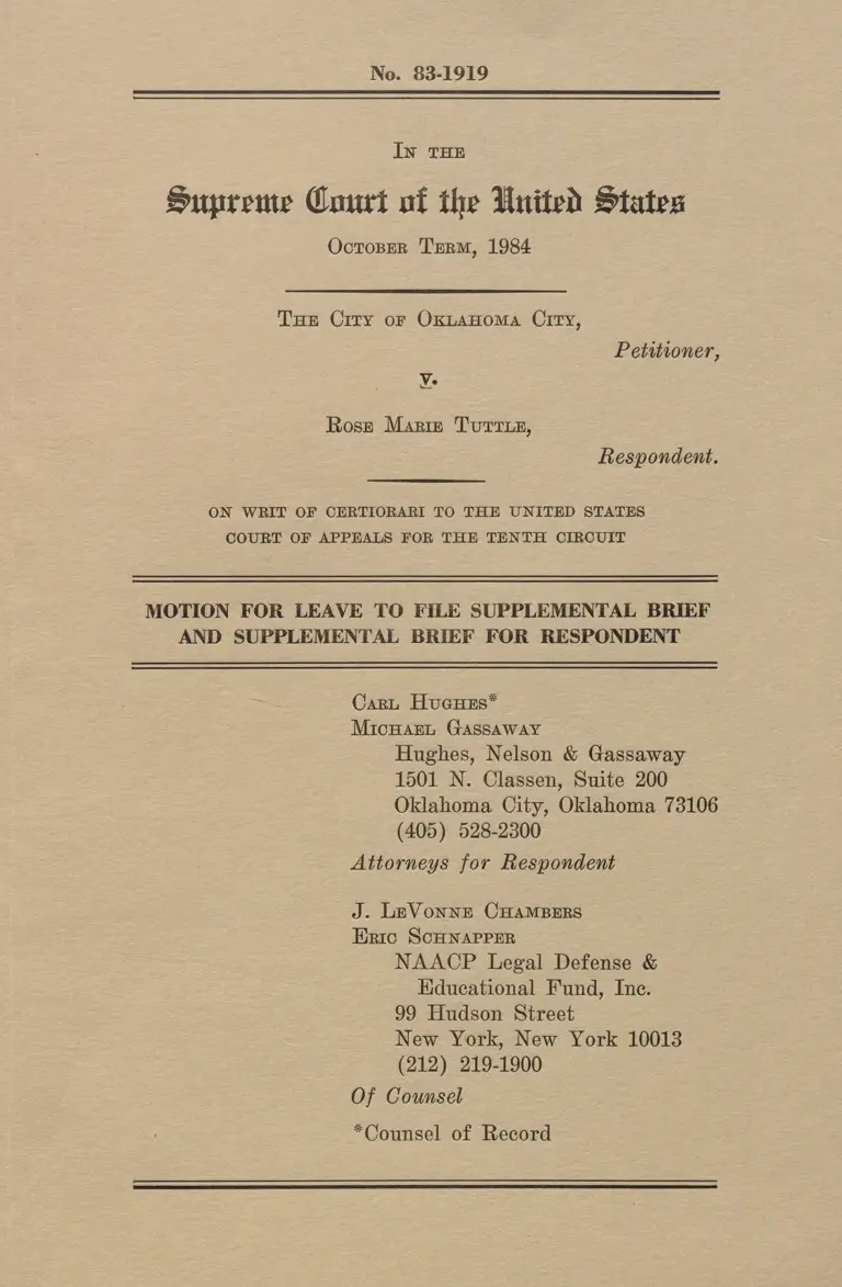 Oklahoma City v. Tuttle Motion for Leave to File and Supplemental Brief for Respondent preview