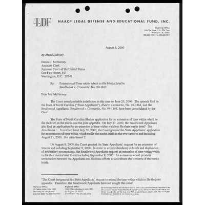 Correspondence from Cox to Assistant Clerk; Smallwood Applicants' Application for Extension of Time to File Brief on the Merits; Correspondence from Clerk to Smiley preview