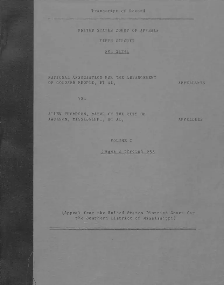 NAACP v. Thompson Transcript of Record Vol. I preview