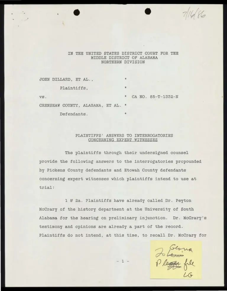 Plaintiffs' Answers to Interrogatories Concerning Expert Witnesses (Redacted) preview