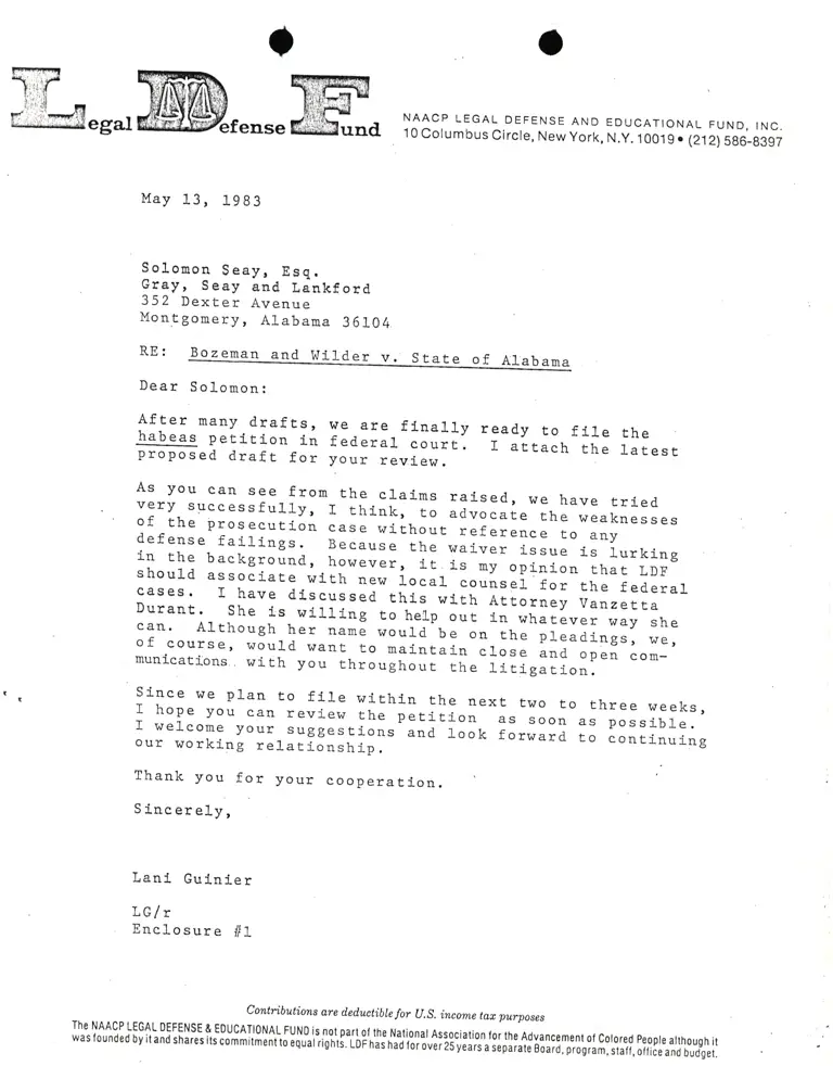 Correspondence from Lani Guinier to Solomon Seay, Esq. Re: Bozeman and Wilder v. State of Alabama preview