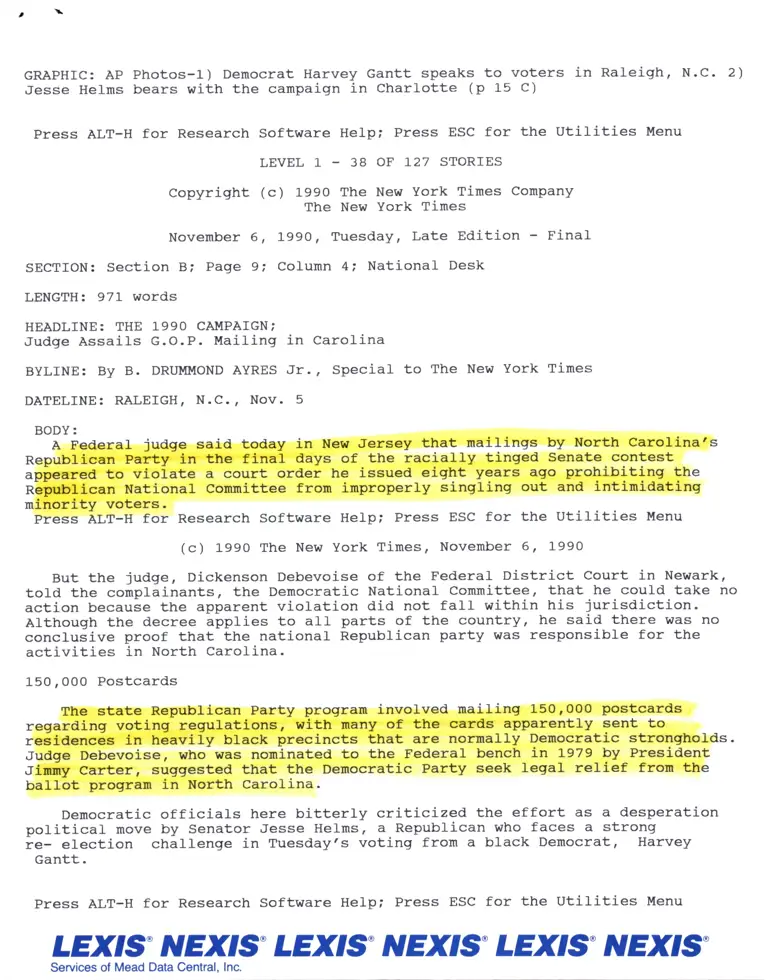 The 1990 Campaign; Judge Assails G.O.P. Mailing in Carolina News Article from The New York Times preview
