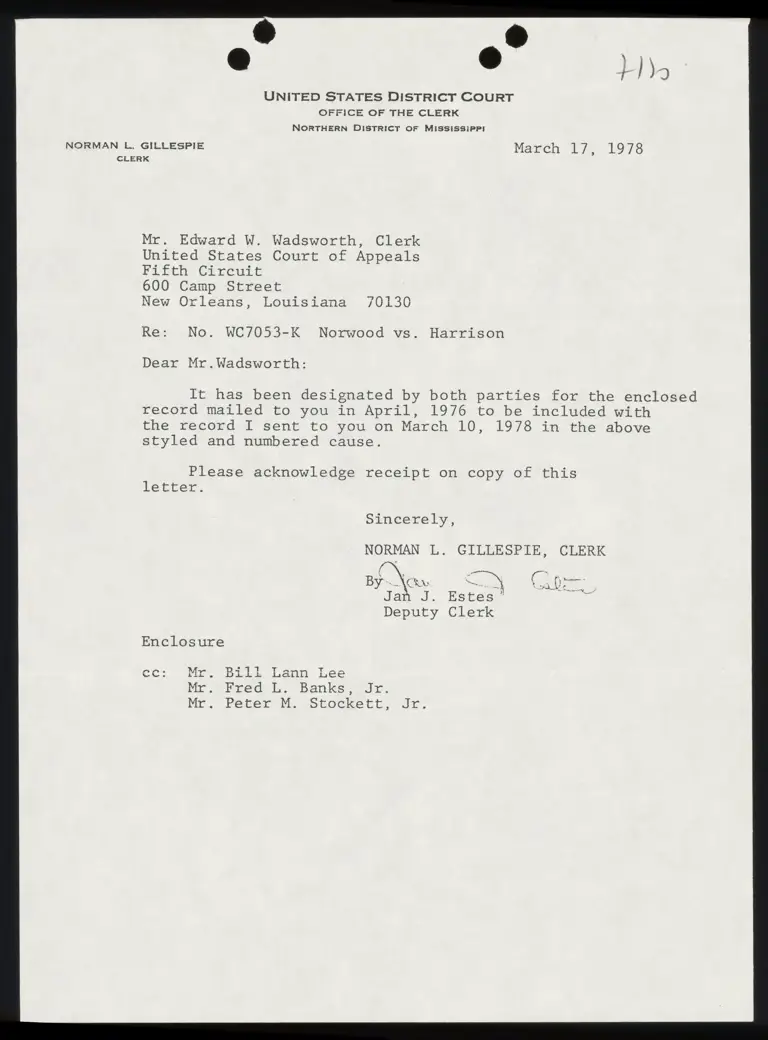 Correspondence from Clerk Gillespie to Clerk Wadsworth Re: Appendix C - Order preview