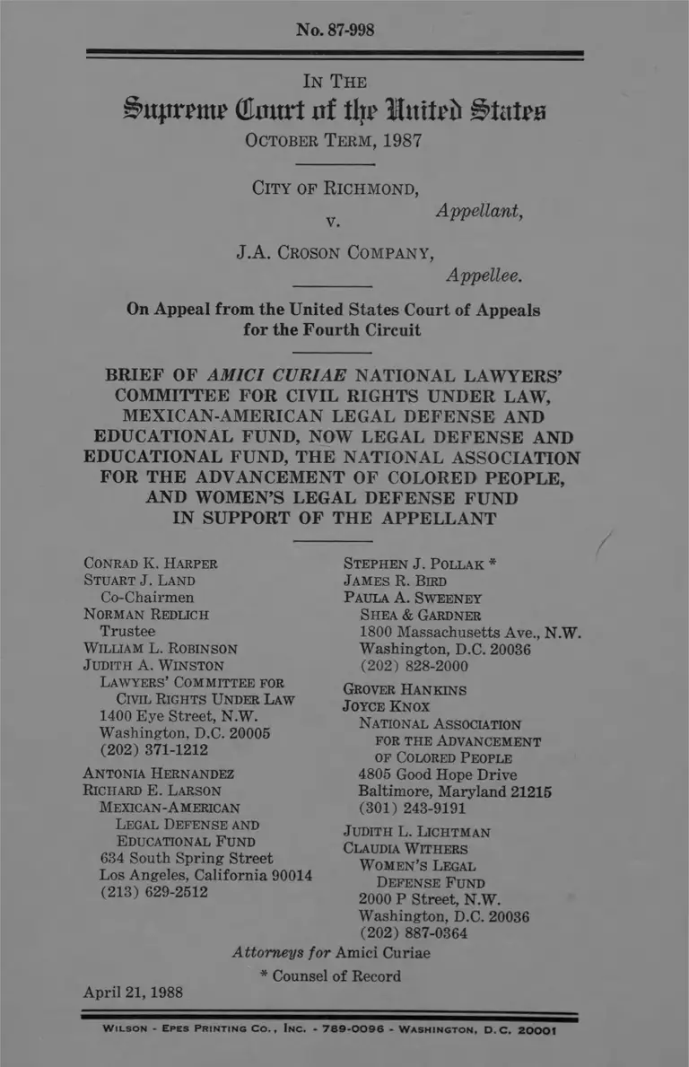 Richmond v JA Croson Company Brief of Amici Curiae in Support of Appellant preview