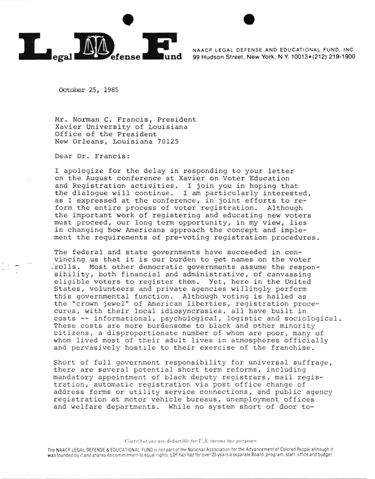 Correspondence from Lani Guinier to Norman C. Francis (Xavier University of Louisiana) preview