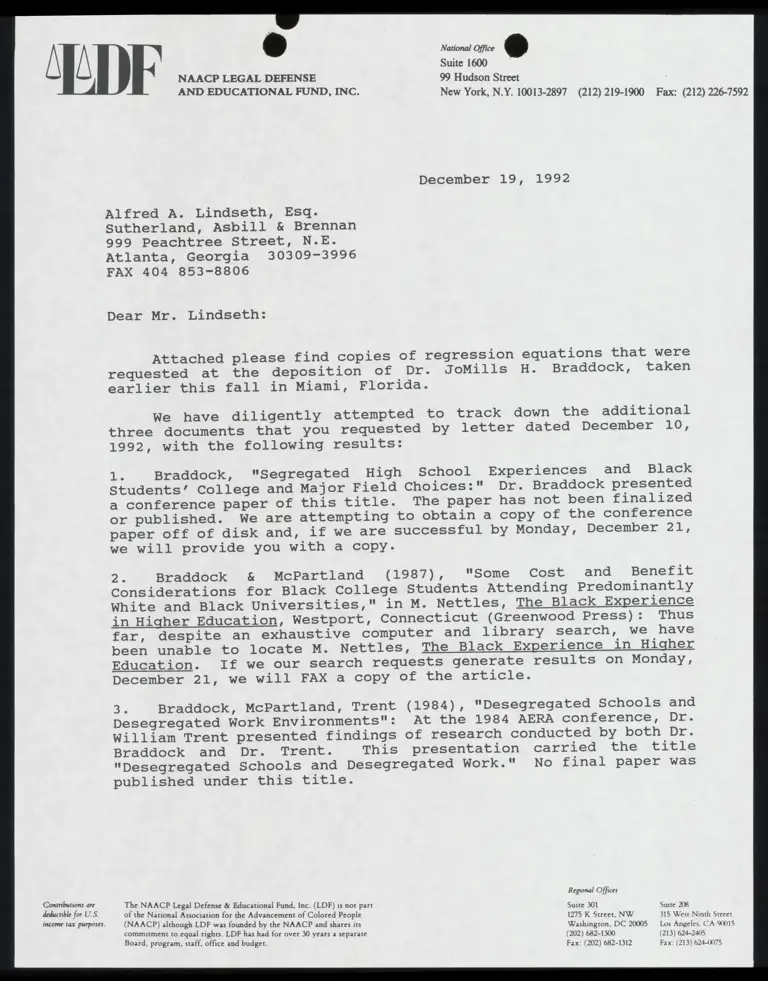 Correspondence from Lado to Lindseth Re: Braddock Regression Equations preview