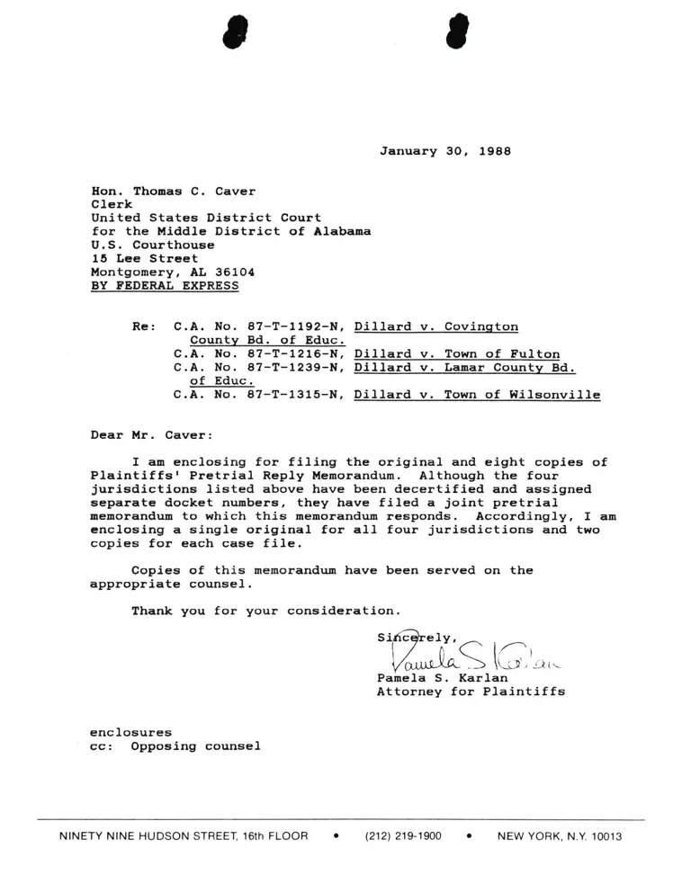 Correspondence from Pamela Karlan to Thomas C. Caver (Clerk) Re: Dillard v. Covington Bd. of Educ., v. Town of Fulton, v. Lamar Bd. of Educ., v. Town of Wilsonville preview