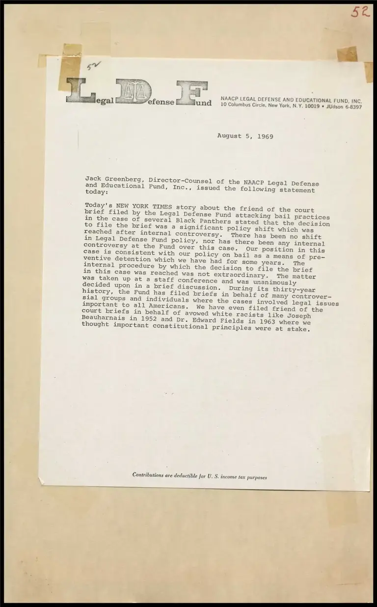 Greenberg Statement on New York Times Story and Internal Policies Re: Brief on Behalf of Black Panthers preview