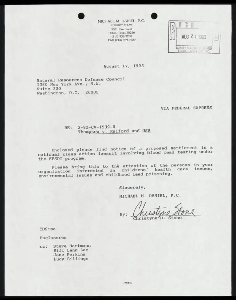 Letters to Thompson v. Raiford Co-Counsel From Daniel RE: Notice of Proposed Settlement preview