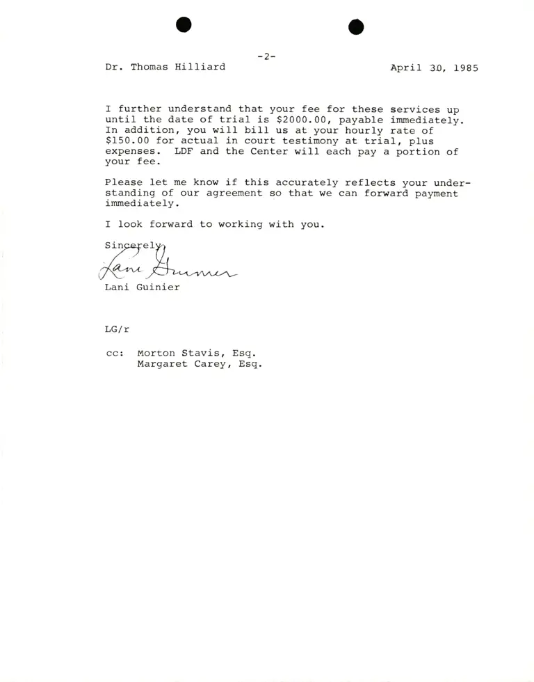 Correspondence from Lani Guinier to Dr. Thomas Hilliard Re United States v. Turner 2 preview