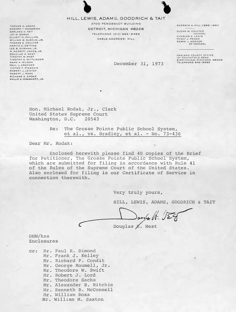 Letter to Rodak from West RE: Copies of Brief for Petitioner preview